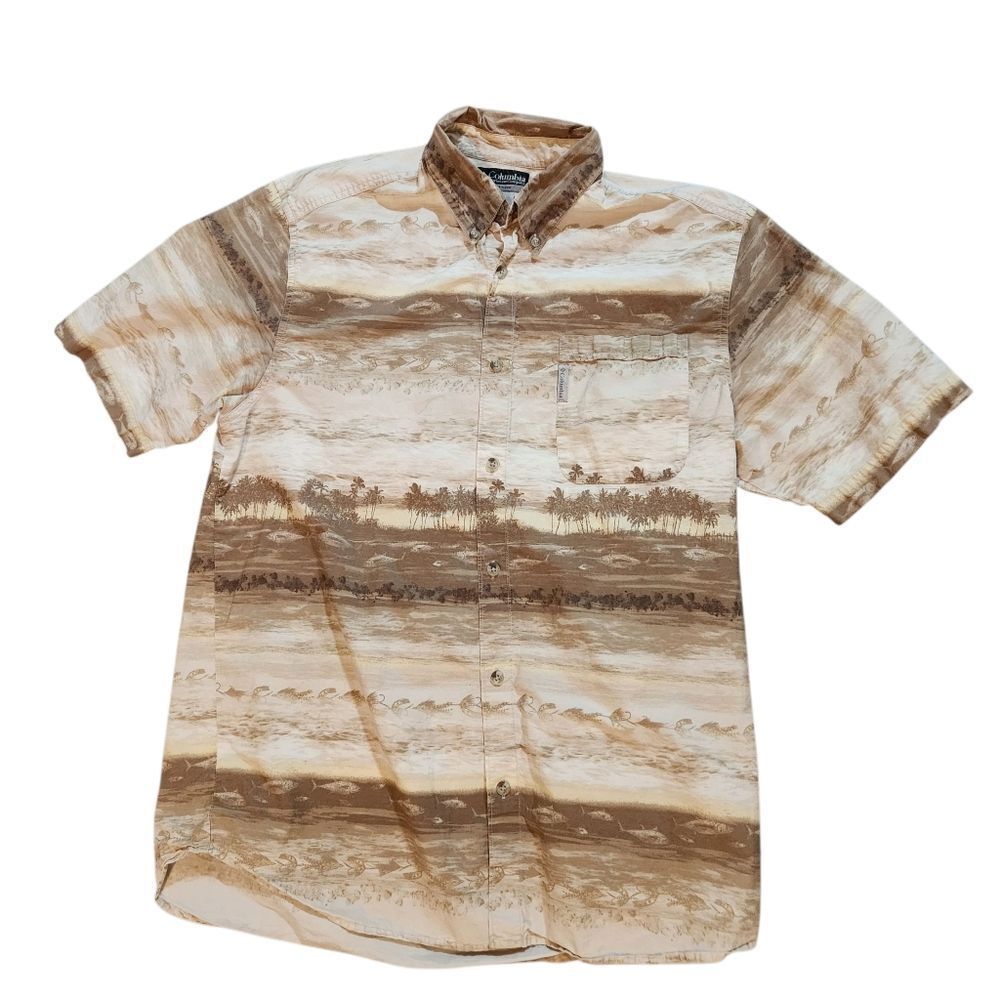 Columbia Mens Shirt XL Button Up Tan Beige Watercolor Fishing Beach Short Sleeve